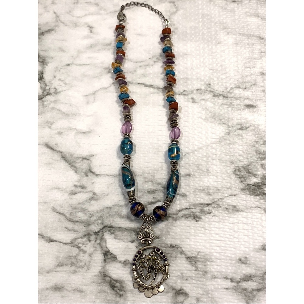 BOHO Necklace Pendant Metal Stone Intricate - Picture 13 of 13